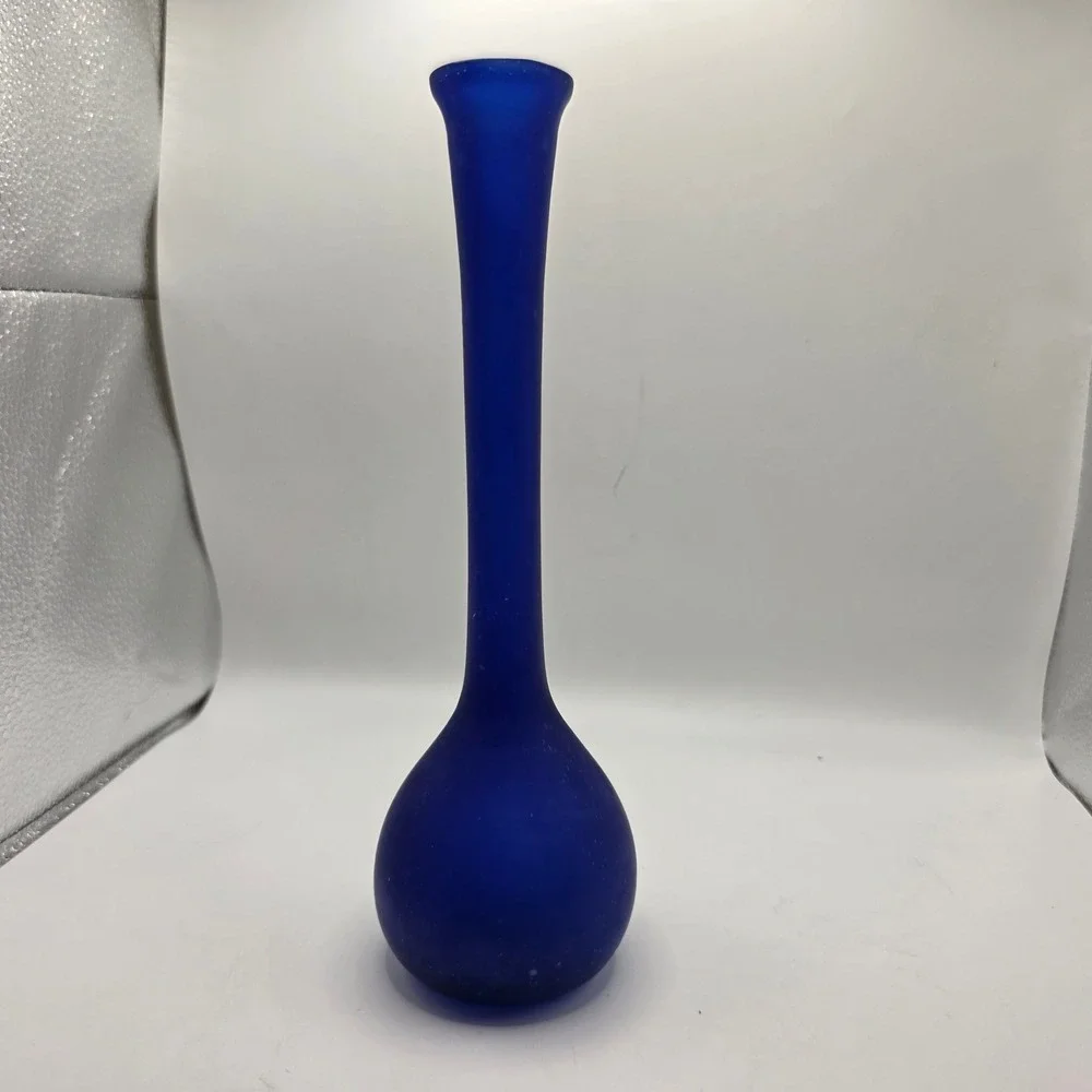 Cobre Inc Cobalt Blue Frosted Recycled Glass Bud Vase Made in Mexico 10 Inch